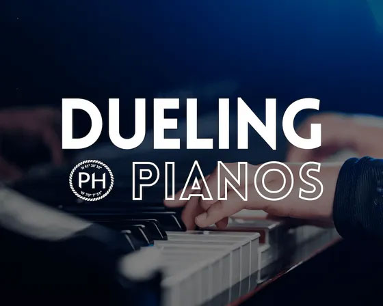 Dueling Pianos event graphic at Pelham House Resort, an oceanfront resort in Cape Cod.